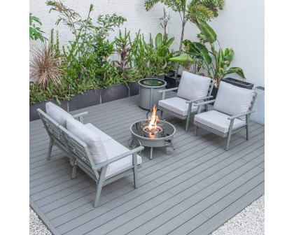 LeisureMod Walbrooke Modern Gray Patio Conversation With Round Fire Pit & Tank Holder - Light Gray