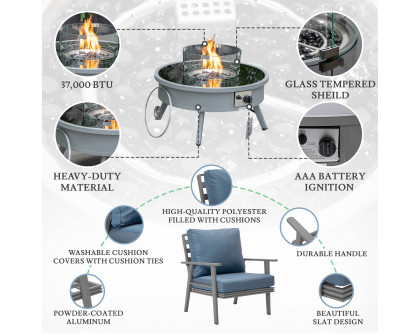 LeisureMod Walbrooke Modern Gray Patio Conversation With Round Fire Pit & Tank Holder - Navy Blue