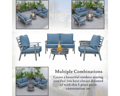 LeisureMod Walbrooke Modern Gray Patio Conversation With Round Fire Pit & Tank Holder - Navy Blue