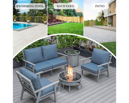 LeisureMod Walbrooke Modern Gray Patio Conversation With Round Fire Pit & Tank Holder - Navy Blue