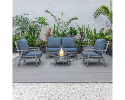 LeisureMod Walbrooke Modern Gray Patio Conversation With Round Fire Pit & Tank Holder - Navy Blue