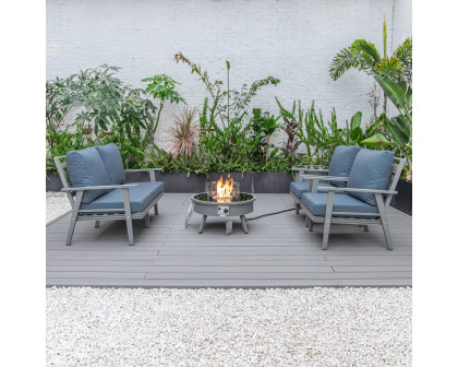 LeisureMod Walbrooke Modern Gray Patio Conversation With Round Fire Pit & Tank Holder - Navy Blue