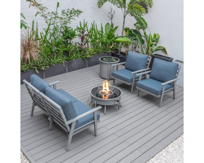 LeisureMod Walbrooke Modern Gray Patio Conversation With Round Fire Pit & Tank Holder - Navy Blue