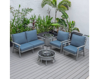 LeisureMod Walbrooke Modern Gray Patio Conversation With Round Fire Pit & Tank Holder - Navy Blue