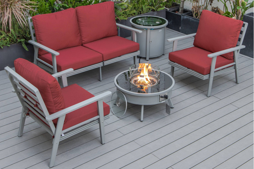 LeisureMod™ Walbrooke Modern Gray Patio Conversation With Round Fire Pit & Tank Holder - Red