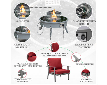 LeisureMod™ Walbrooke Modern Gray Patio Conversation With Round Fire Pit & Tank Holder - Red