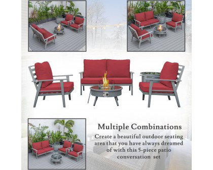 LeisureMod™ Walbrooke Modern Gray Patio Conversation With Round Fire Pit & Tank Holder - Red