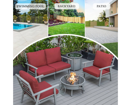 LeisureMod™ Walbrooke Modern Gray Patio Conversation With Round Fire Pit & Tank Holder - Red