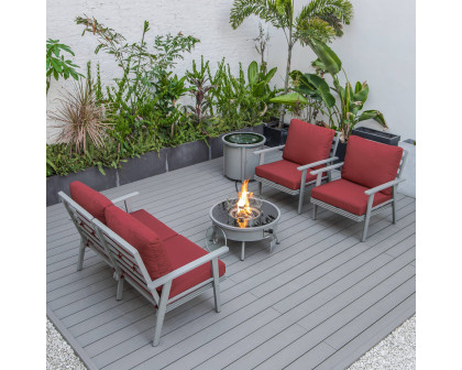 LeisureMod™ Walbrooke Modern Gray Patio Conversation With Round Fire Pit & Tank Holder - Red