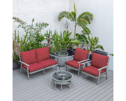 LeisureMod™ Walbrooke Modern Gray Patio Conversation With Round Fire Pit & Tank Holder - Red