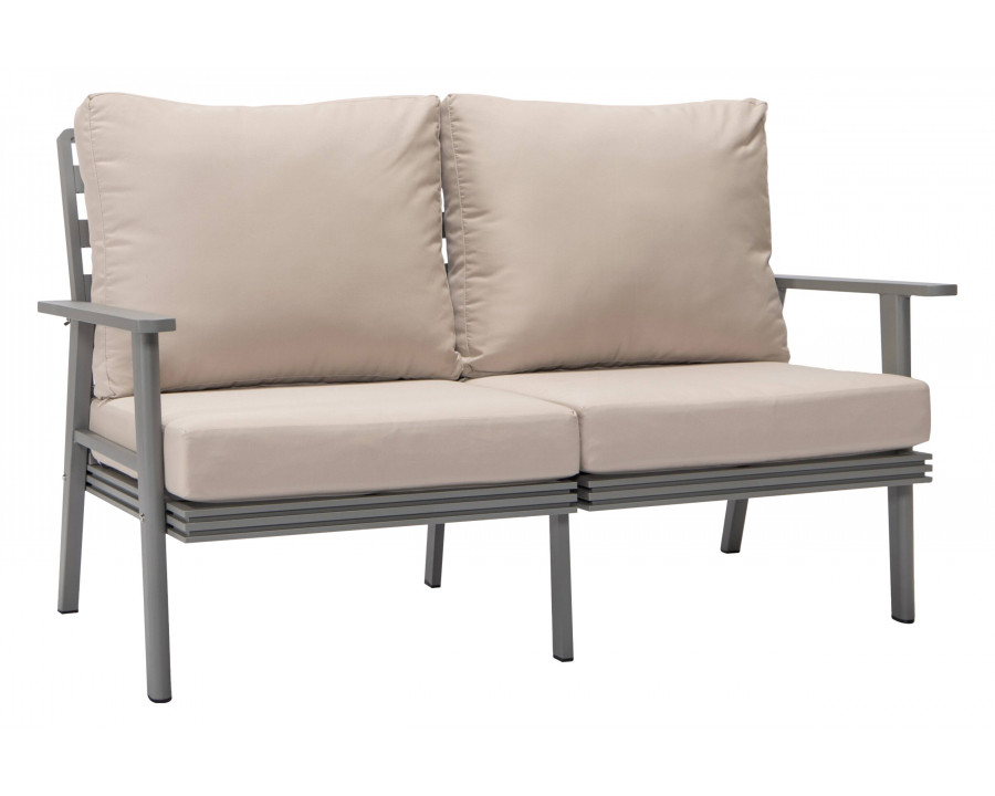 LeisureMod Walbrooke Modern Outdoor Patio Loveseat with Gray Aluminum Frame and Removable Cushions - Beige