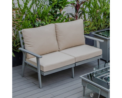 LeisureMod Walbrooke Modern Outdoor Patio Loveseat with Gray Aluminum Frame and Removable Cushions - Beige