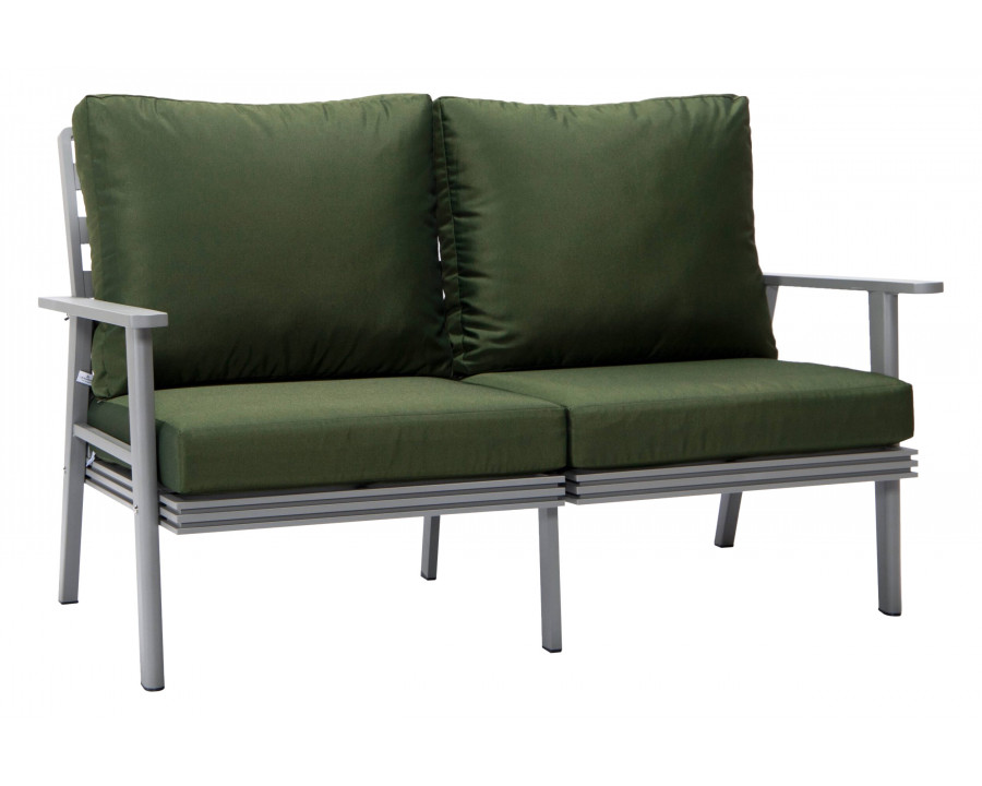 LeisureMod Walbrooke Modern Outdoor Patio Loveseat with Gray Aluminum Frame and Removable Cushions - Green