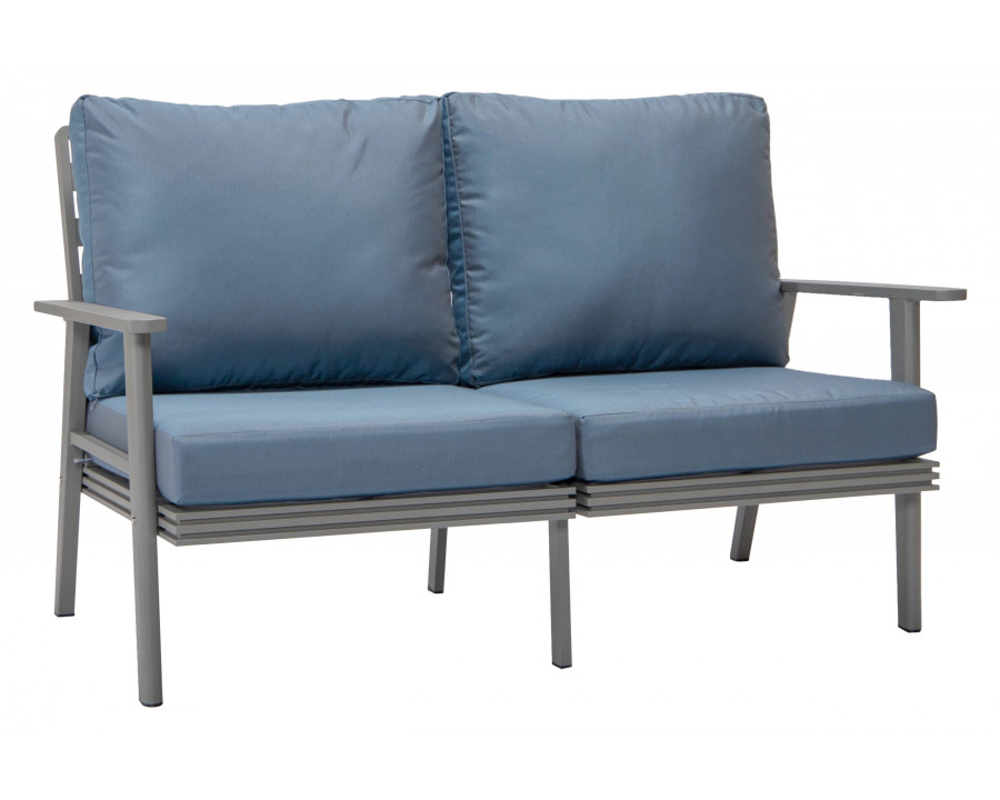 LeisureMod Walbrooke Modern Outdoor Patio Loveseat with Gray Aluminum Frame and Removable Cushions - Navy Blue