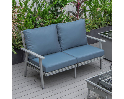 LeisureMod Walbrooke Modern Outdoor Patio Loveseat with Gray Aluminum Frame and Removable Cushions - Navy Blue