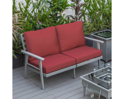 LeisureMod Walbrooke Modern Outdoor Patio Loveseat with Gray Aluminum Frame and Removable Cushions - Red