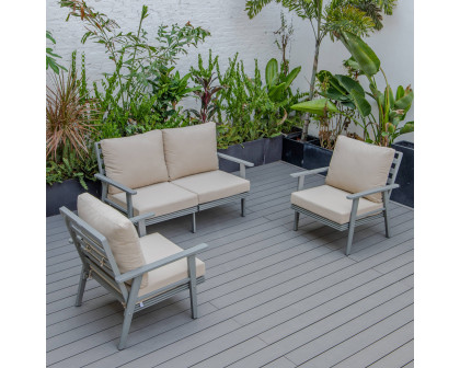 LeisureMod Walbrooke Modern 3-Piece Outdoor Patio Set with Gray Aluminum Frame - Beige