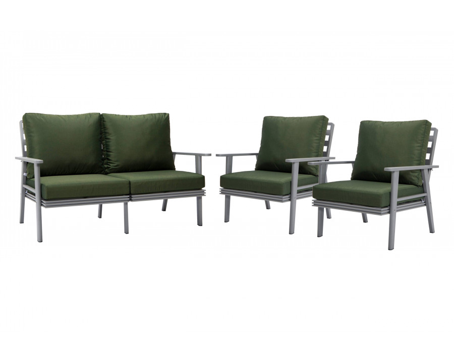 LeisureMod Walbrooke Modern 3-Piece Outdoor Patio Set with Gray Aluminum Frame - Green