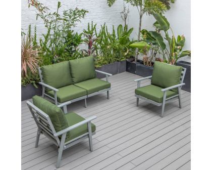 LeisureMod Walbrooke Modern 3-Piece Outdoor Patio Set with Gray Aluminum Frame - Green