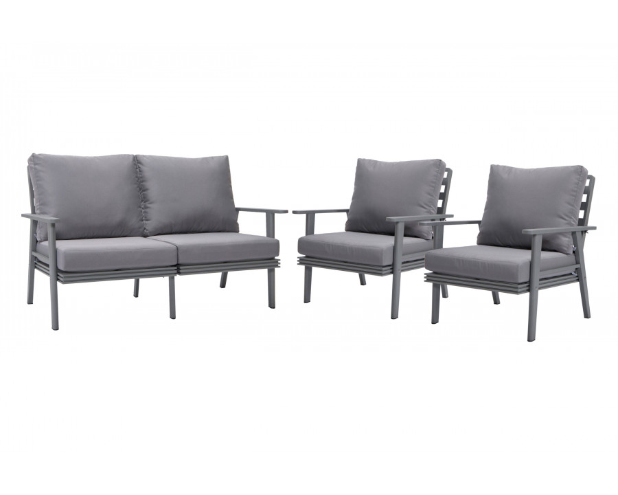 LeisureMod Walbrooke Modern 3-Piece Outdoor Patio Set with Gray Aluminum Frame - Gray