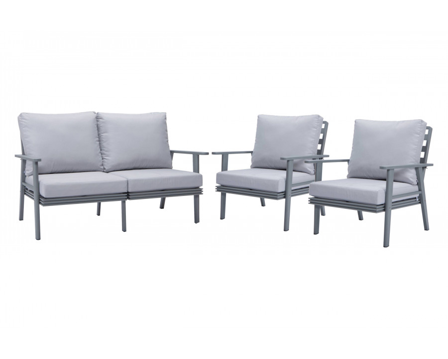 LeisureMod Walbrooke Modern 3-Piece Outdoor Patio Set with Gray Aluminum Frame - Light Gray