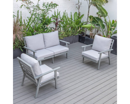 LeisureMod Walbrooke Modern 3-Piece Outdoor Patio Set with Gray Aluminum Frame - Light Gray