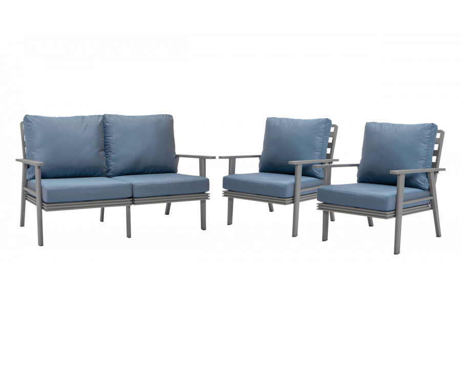 LeisureMod Walbrooke Modern 3-Piece Outdoor Patio Set with Gray Aluminum Frame - Navy Blue