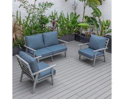 LeisureMod Walbrooke Modern 3-Piece Outdoor Patio Set with Gray Aluminum Frame - Navy Blue