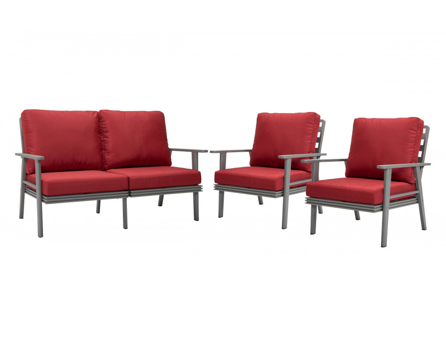 LeisureMod Walbrooke Modern 3-Piece Outdoor Patio Set with Gray Aluminum Frame - Red