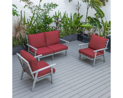 LeisureMod Walbrooke Modern 3-Piece Outdoor Patio Set with Gray Aluminum Frame - Red