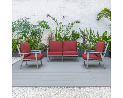 LeisureMod Walbrooke Modern 3-Piece Outdoor Patio Set with Gray Aluminum Frame - Red