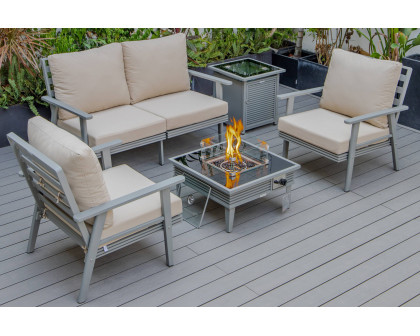 LeisureMod Walbrooke Modern Black Patio Conversation With Square Fire Pit With Slats Design & Tank Holder