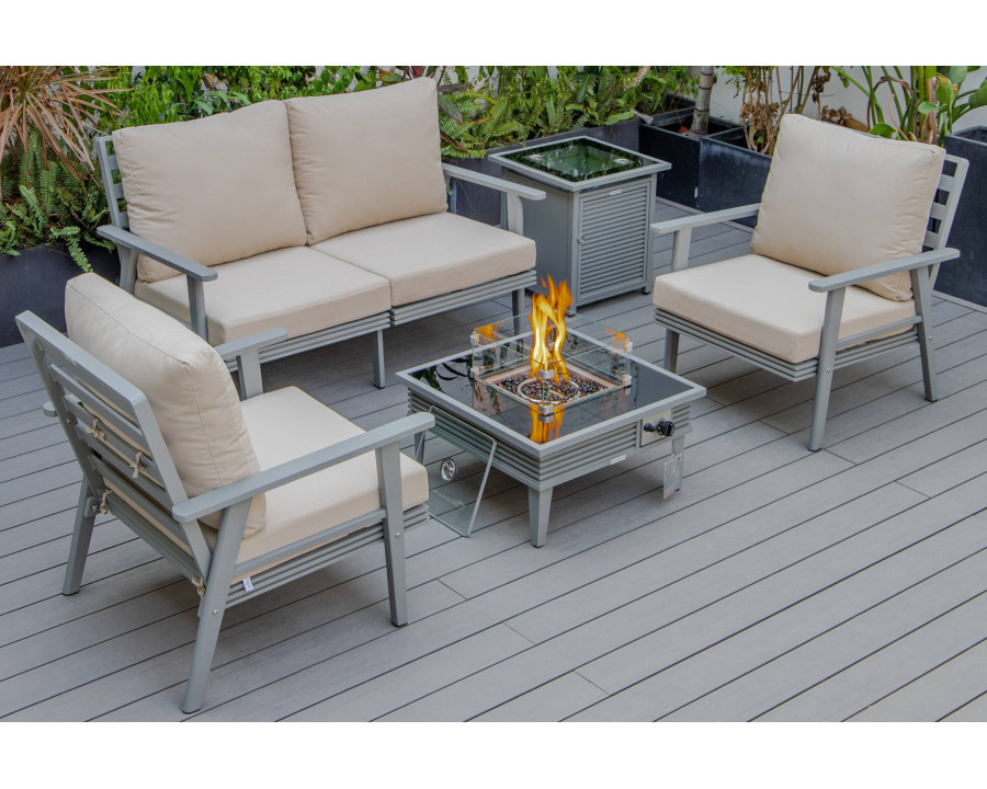 LeisureMod Walbrooke Modern Gray Patio Conversation With Square Fire Pit With Slats Design & Tank Holder - Beige