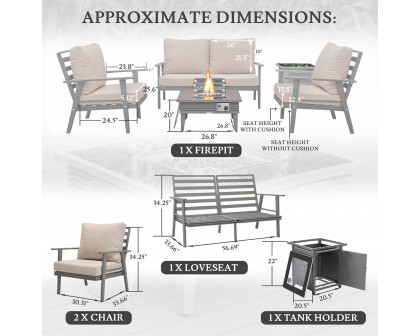 LeisureMod Walbrooke Modern Gray Patio Conversation With Square Fire Pit With Slats Design & Tank Holder - Beige