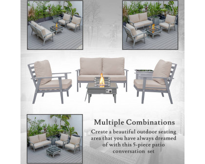 LeisureMod Walbrooke Modern Gray Patio Conversation With Square Fire Pit With Slats Design & Tank Holder - Beige