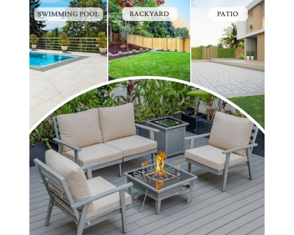 LeisureMod Walbrooke Modern Gray Patio Conversation With Square Fire Pit With Slats Design & Tank Holder - Beige