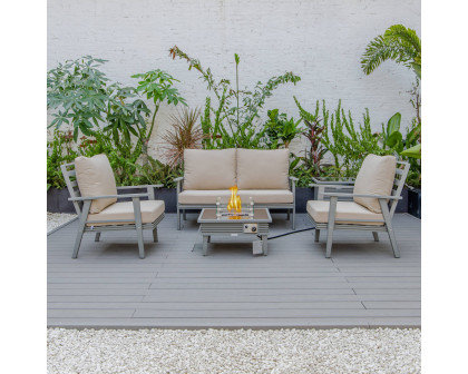 LeisureMod Walbrooke Modern Gray Patio Conversation With Square Fire Pit With Slats Design & Tank Holder - Beige