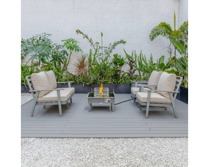 LeisureMod Walbrooke Modern Gray Patio Conversation With Square Fire Pit With Slats Design & Tank Holder - Beige