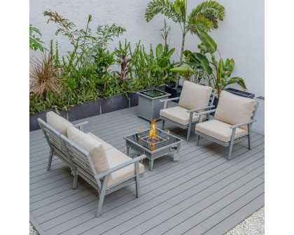 LeisureMod Walbrooke Modern Gray Patio Conversation With Square Fire Pit With Slats Design & Tank Holder - Beige