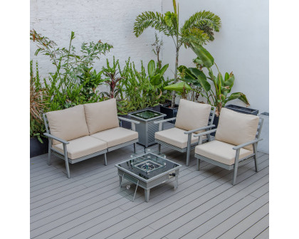 LeisureMod Walbrooke Modern Gray Patio Conversation With Square Fire Pit With Slats Design & Tank Holder - Beige