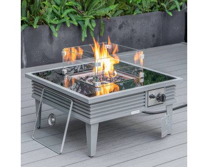 LeisureMod Walbrooke Modern Gray Patio Conversation With Square Fire Pit With Slats Design & Tank Holder - Beige