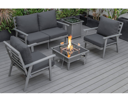 LeisureMod Walbrooke Modern Black Patio Conversation With Square Fire Pit With Slats Design & Tank Holder