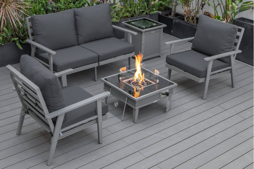 LeisureMod™ Walbrooke Modern Gray Patio Conversation With Square Fire Pit With Slats Design & Tank Holder - Charcoal