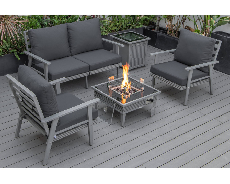 LeisureMod Walbrooke Modern Gray Patio Conversation With Square Fire Pit With Slats Design & Tank Holder - Charcoal