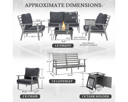 LeisureMod™ Walbrooke Modern Gray Patio Conversation With Square Fire Pit With Slats Design & Tank Holder - Charcoal