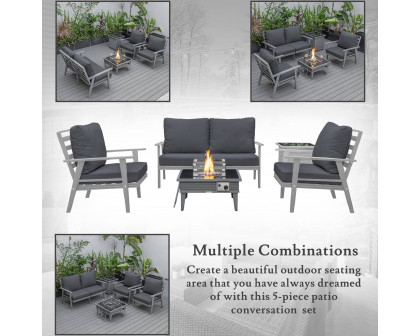 LeisureMod™ Walbrooke Modern Gray Patio Conversation With Square Fire Pit With Slats Design & Tank Holder - Charcoal