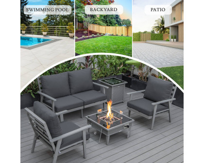 LeisureMod™ Walbrooke Modern Gray Patio Conversation With Square Fire Pit With Slats Design & Tank Holder - Charcoal