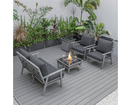 LeisureMod™ Walbrooke Modern Gray Patio Conversation With Square Fire Pit With Slats Design & Tank Holder - Charcoal