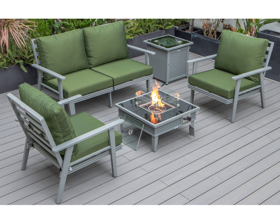 LeisureMod Walbrooke Modern Gray Patio Conversation With Square Fire Pit With Slats Design & Tank Holder - Green