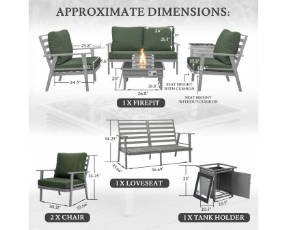 LeisureMod Walbrooke Modern Gray Patio Conversation With Square Fire Pit With Slats Design & Tank Holder - Green